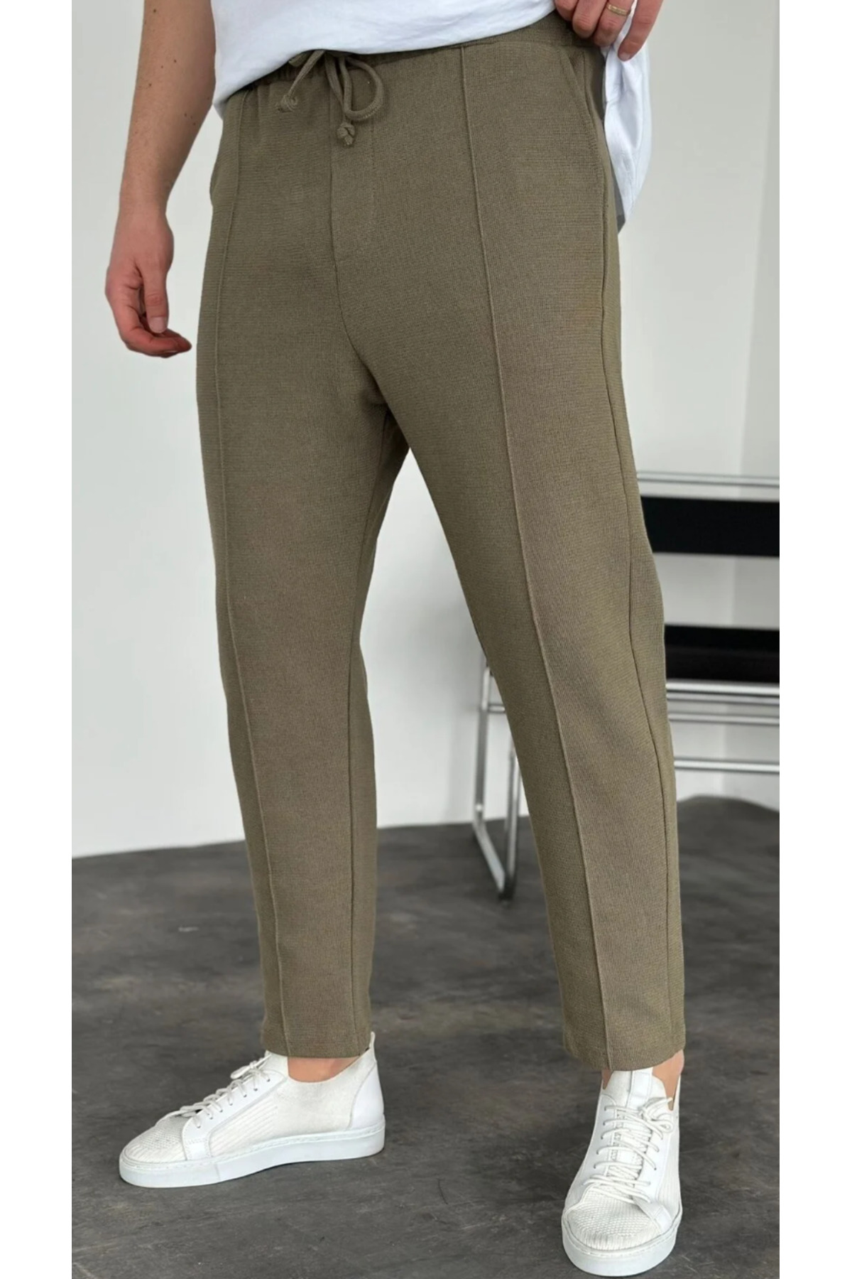HAKİ - WAFFLE Boyfriend Erkek Dikişli Lastikli Bel Jogger