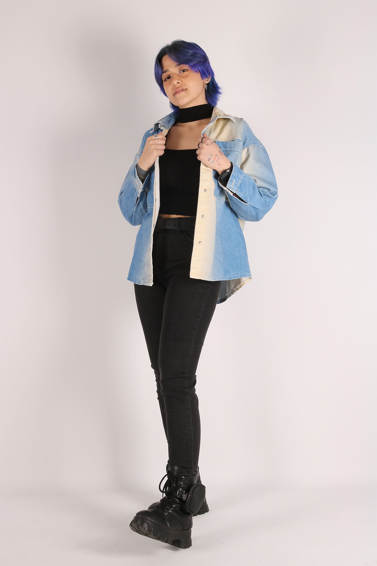 Kadın Desenli Oversize Kot Ceket