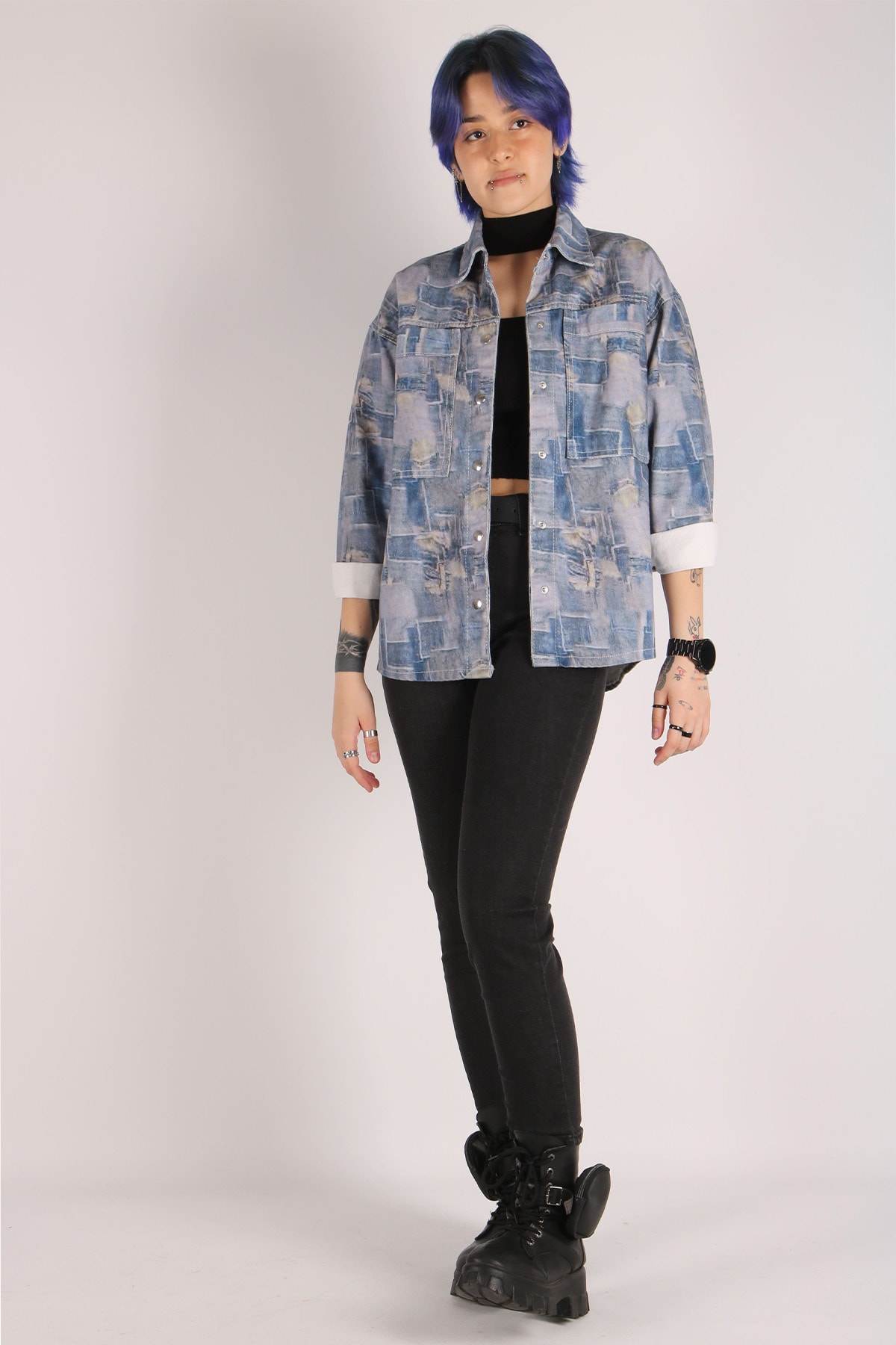 Kadın Mavi Kare Desenli Ceket