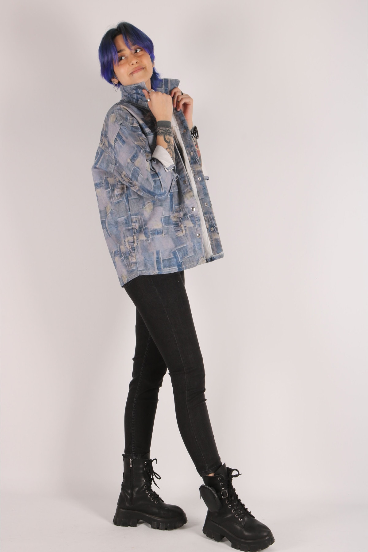 Kadın Mavi Kare Desenli Ceket