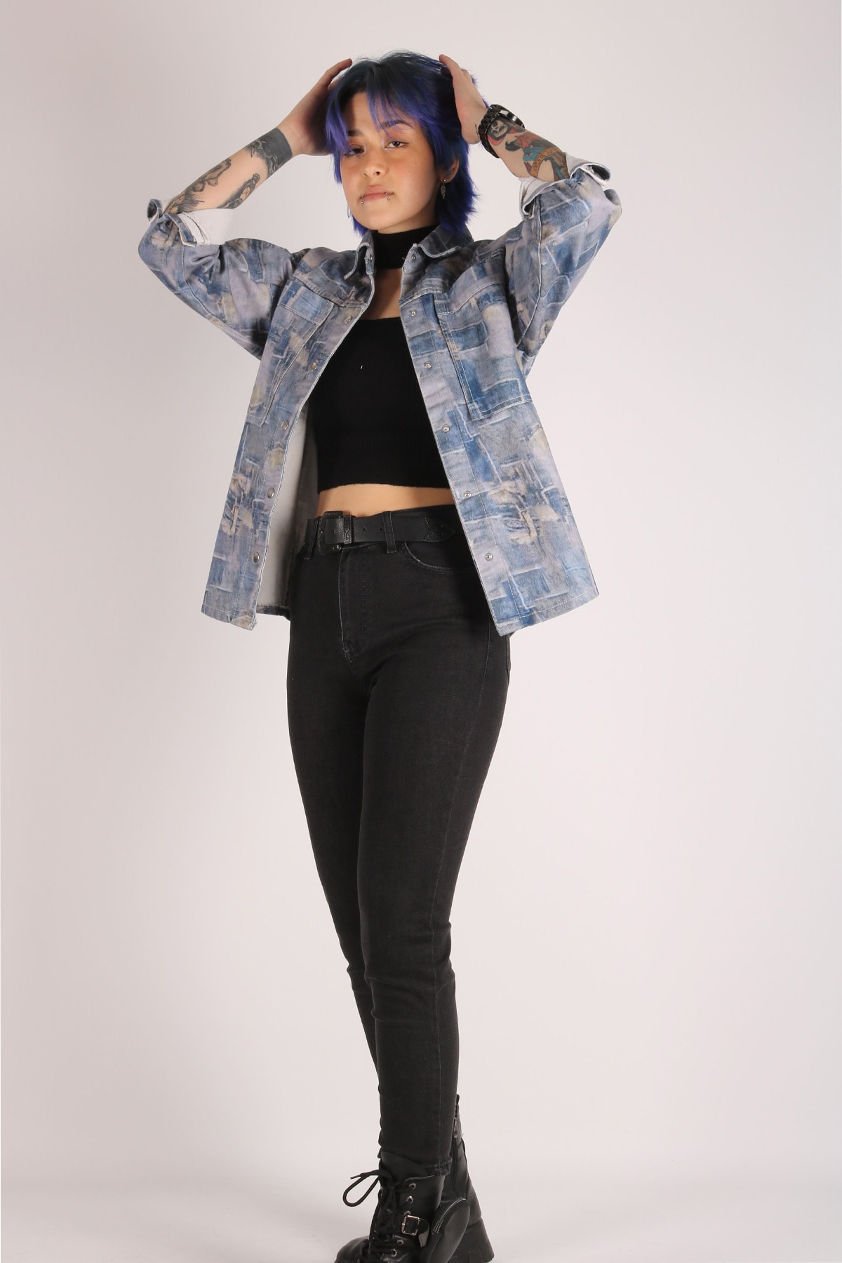 Kadın Mavi Kare Desenli Ceket