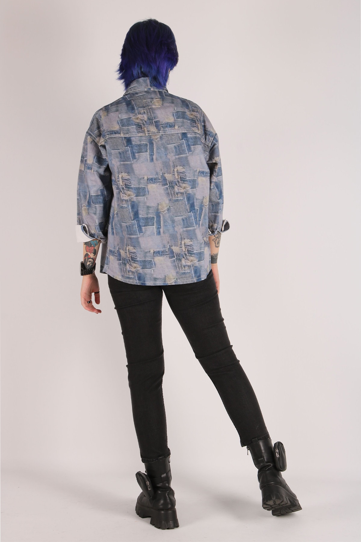 Kadın Mavi Kare Desenli Ceket