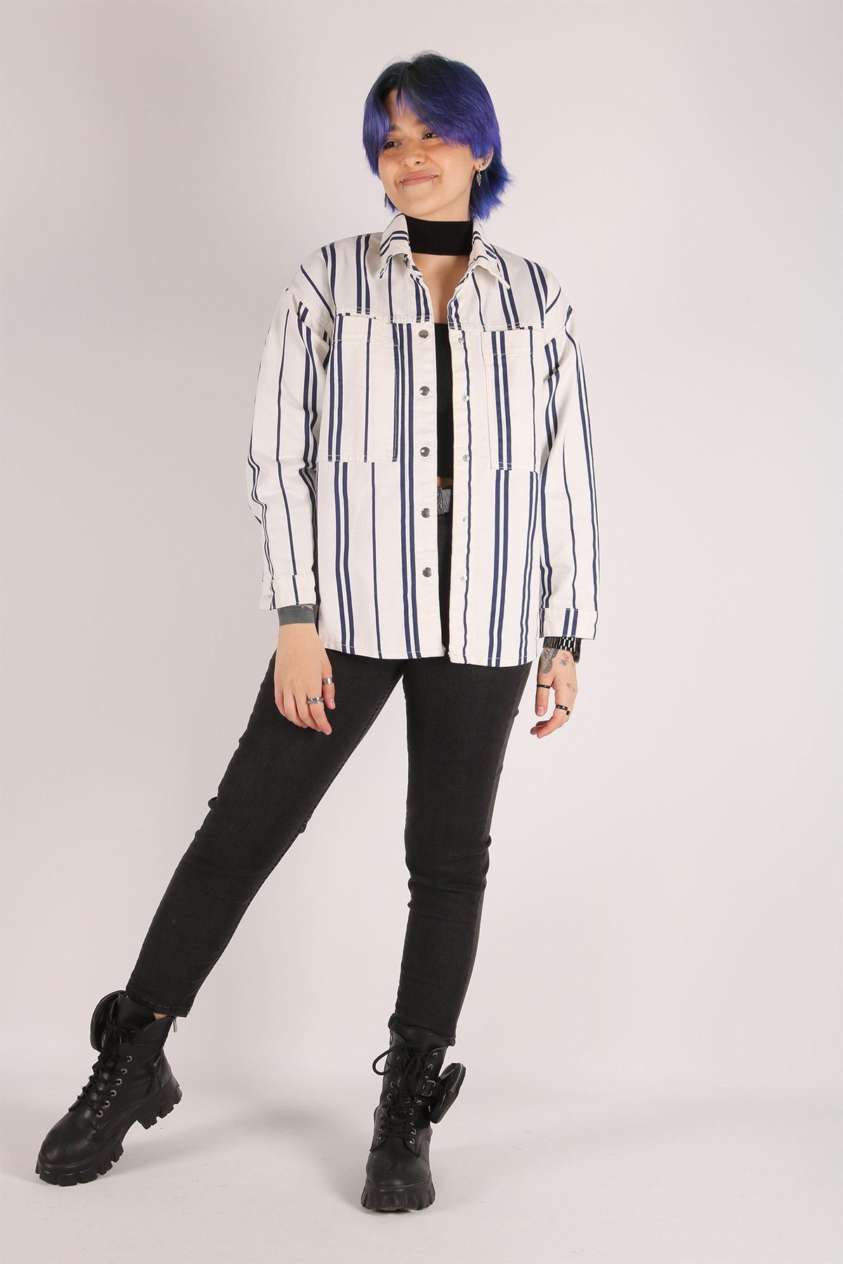 Kadın Oversize Çizgi Desenli Ceket