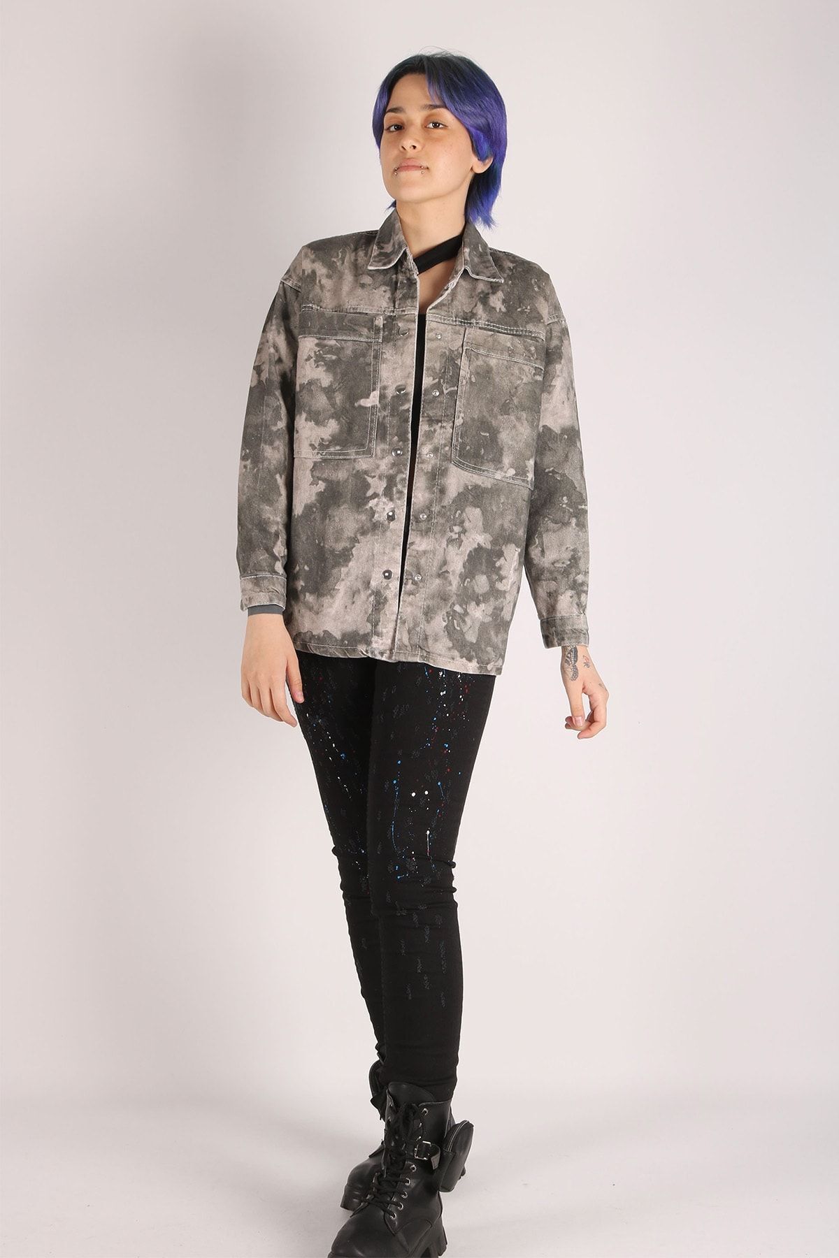 Kadın Oversize Desenli Kot Ceket