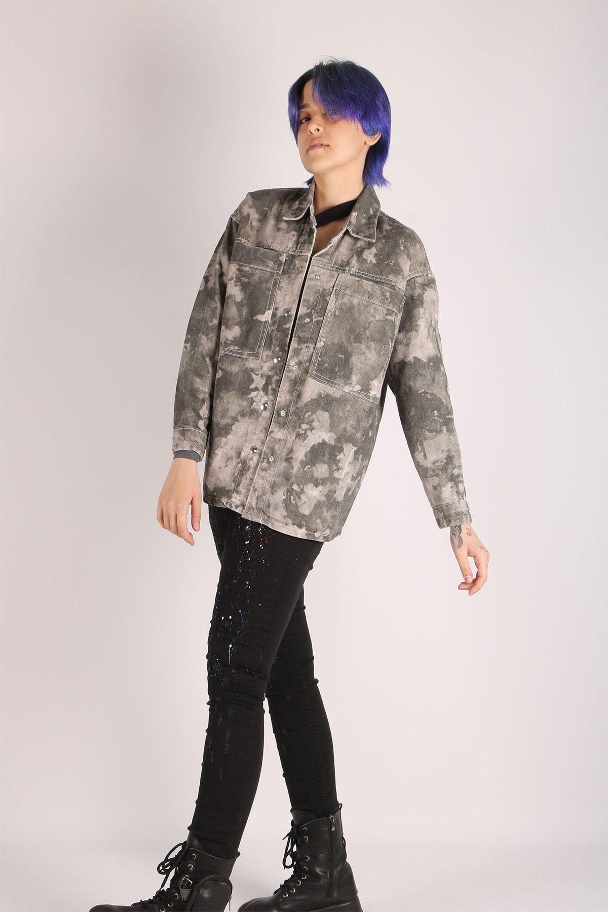 Kadın Oversize Desenli Kot Ceket