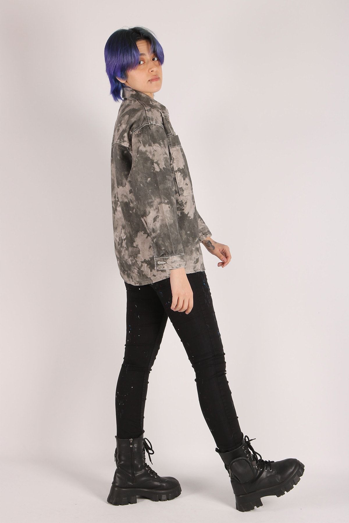 Kadın Oversize Desenli Kot Ceket