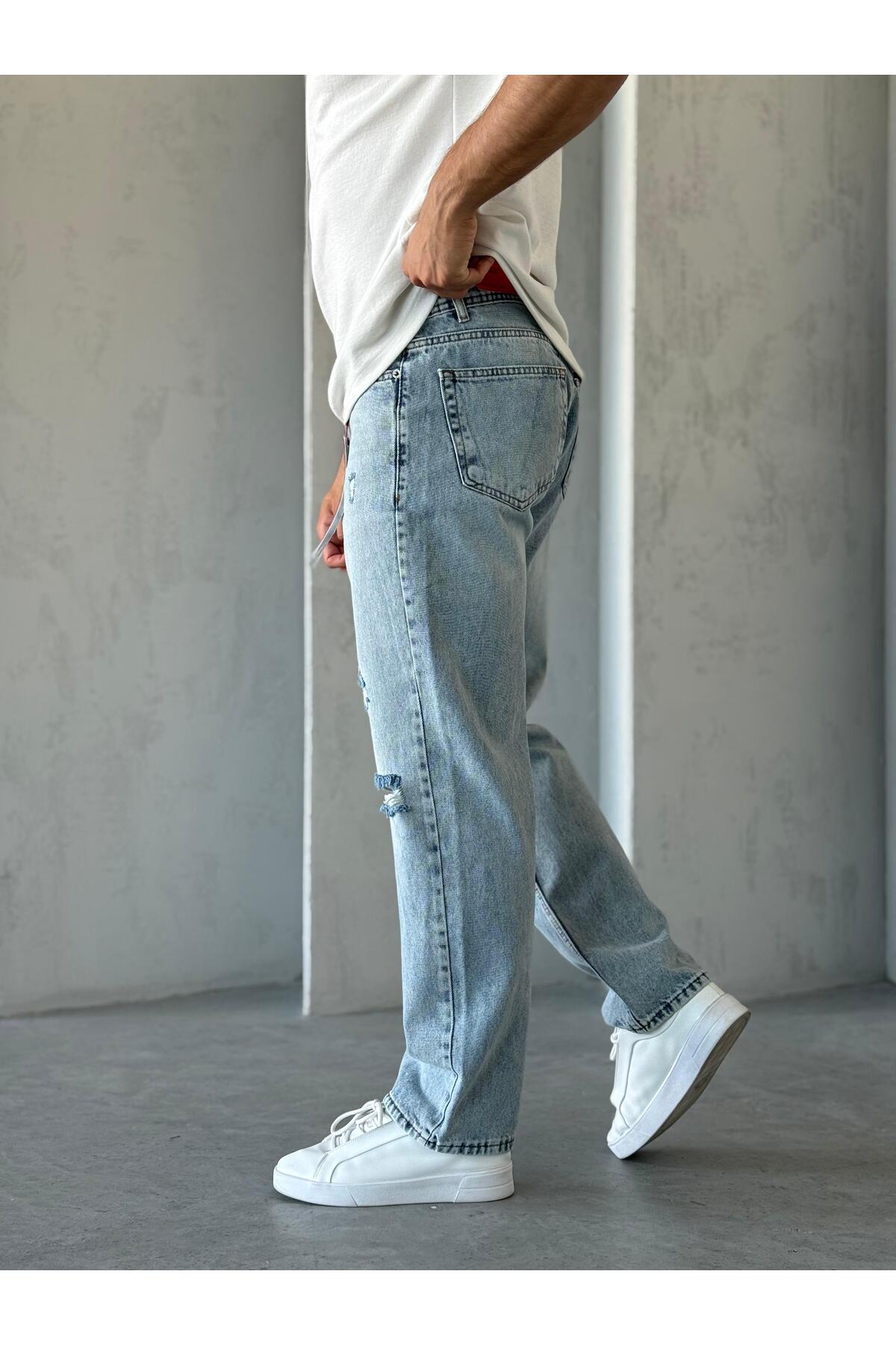 Buz Mavi -3 Yırtık Erkek  Baggy Pantolon