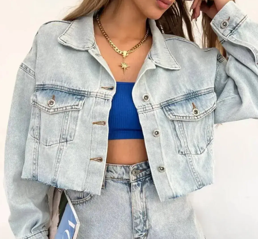 Buz Mavisi  Rahat Kalıp Kesik Model Bayan Ceket