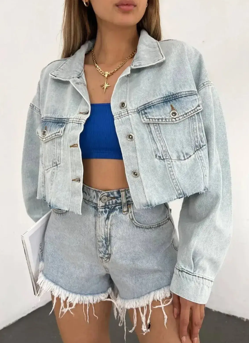 Buz Mavisi  Rahat Kalıp Kesik Model Bayan Ceket