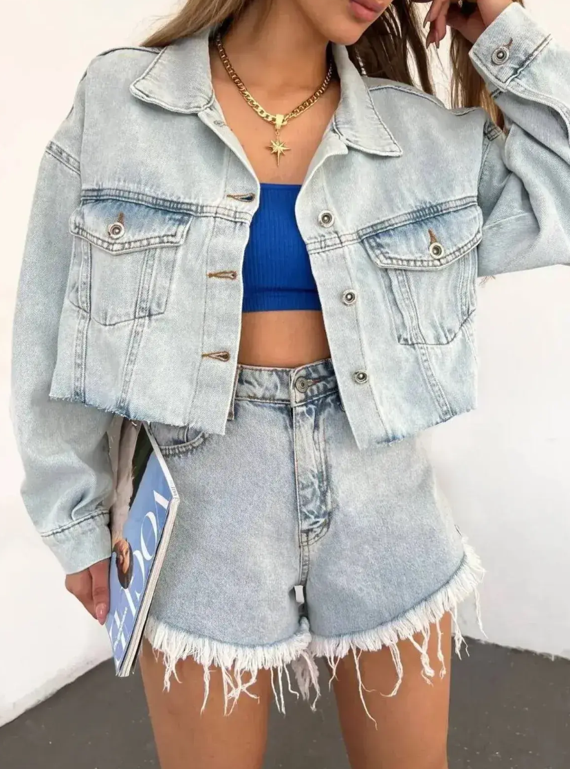 Buz Mavisi  Rahat Kalıp Kesik Model Bayan Ceket