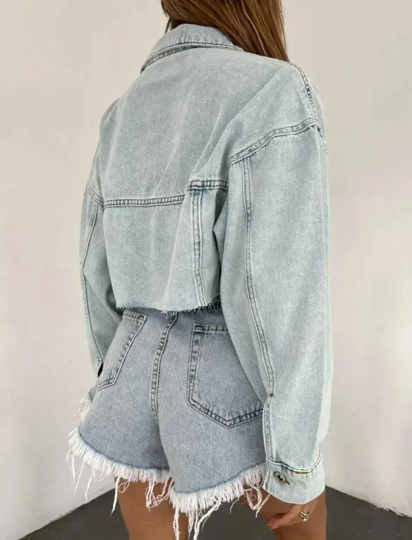 Buz Mavisi  Rahat Kalıp Kesik Model Bayan Ceket