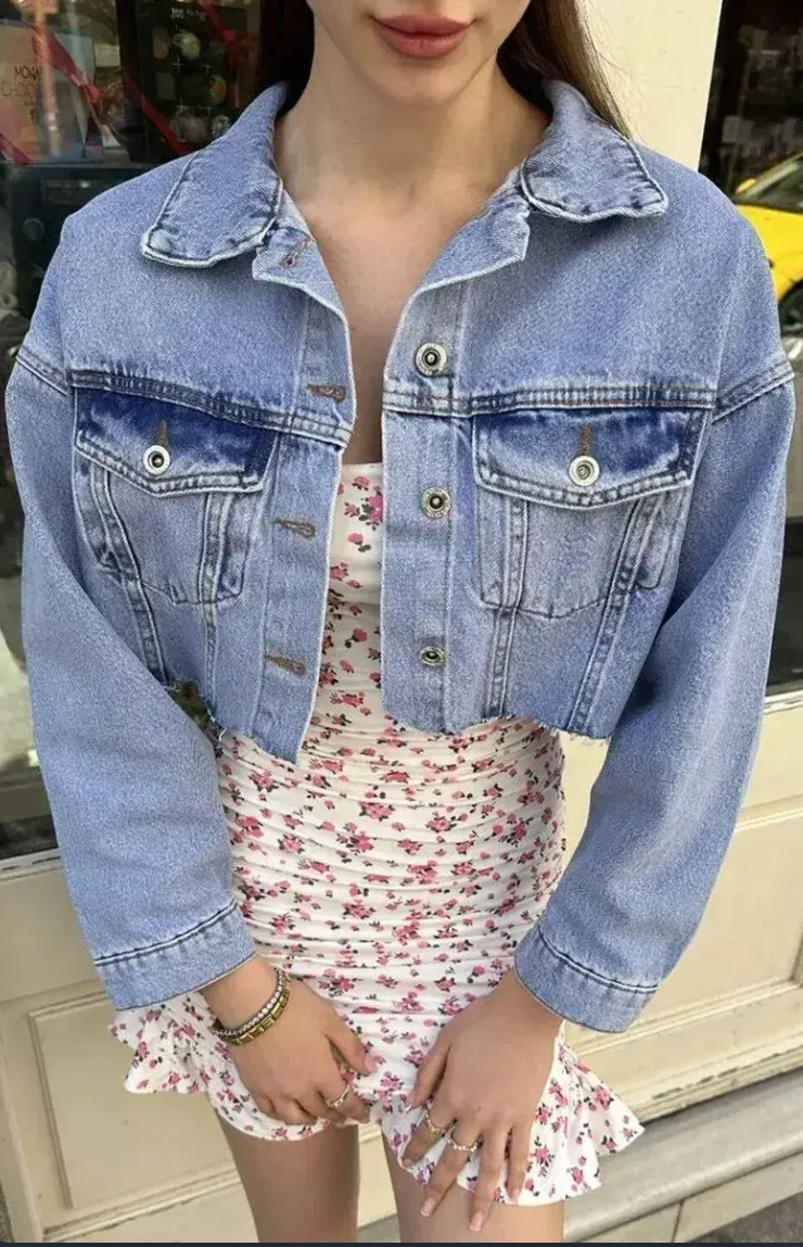 Kadın Kesik Bel Detaylı Denim Ceket